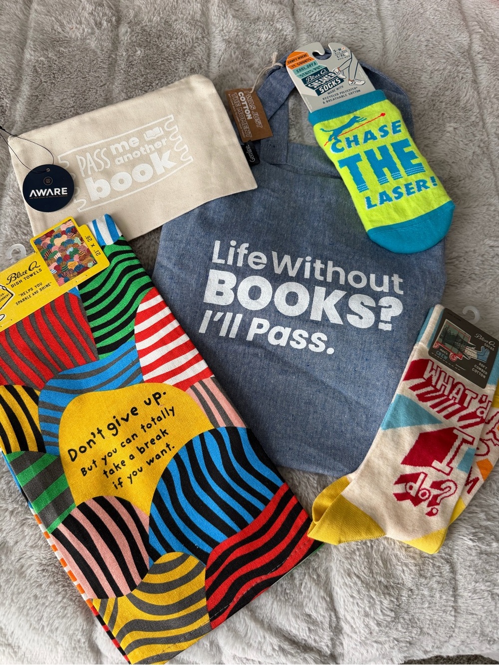 NWT Humorous Blue Q Gift Bundle - Socks, Totes, and Towel